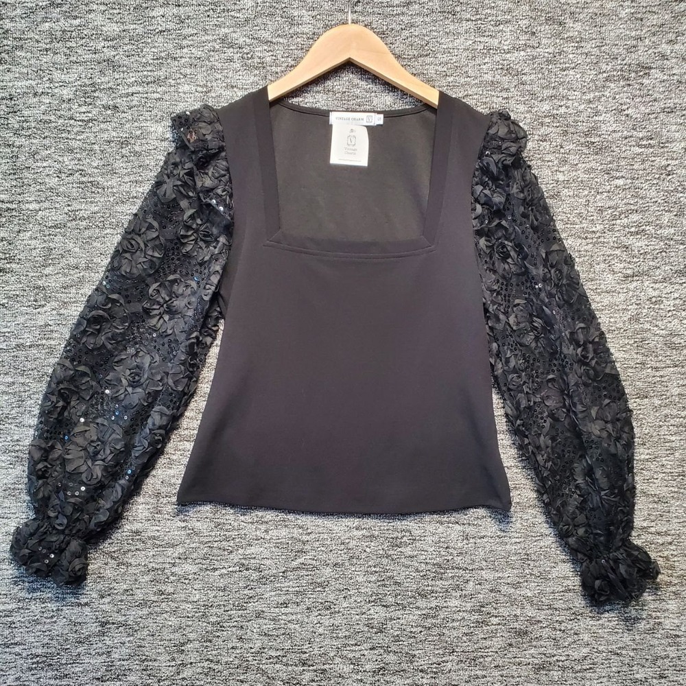 NWT Vintage Charm Whimsigoth Top Women S Black 3D‎ Floral Sequin Balloon Sleeve